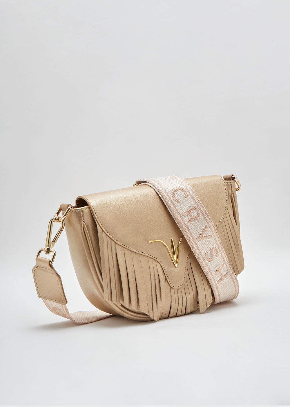 Bolso bandolera de piel vegana ENNA GLASTONBURY GOLD con flecos y cartera en la banda intercambiable.